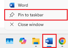 Pin Word app to the taskbar
